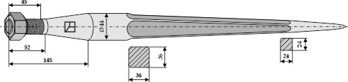 Front loader tine straight, L= 910 mm, M28 x 1,5 mm - Detail 1